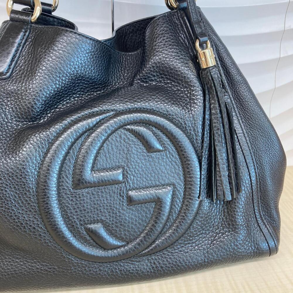 GUCCI Soho Shoulder Bag Fringe Tassel Interlocking GG Leather Black Tote - Picture 2 of 6